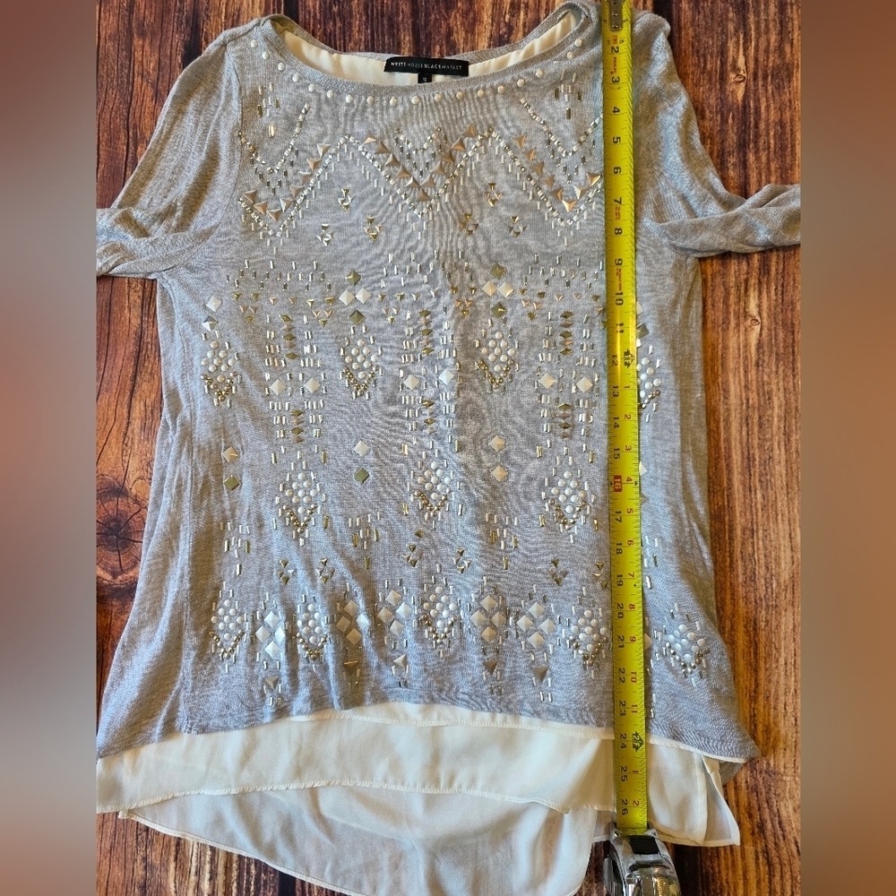 White House Black Market Size Medium Gray Embellished jeweled Knit Top Layered - Picture 11 of 12